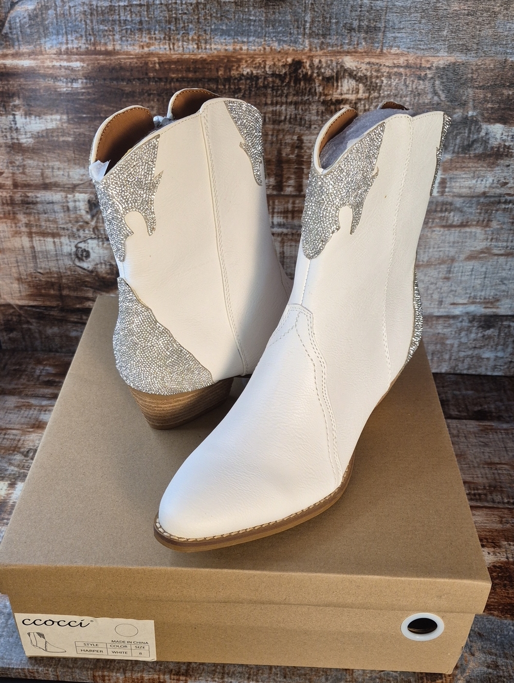 Harper White Ankle Booties with Silver Sparkle Panels Size 8